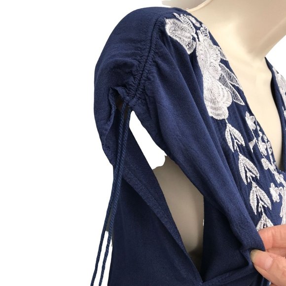 Anandas Women's Blue Floral V Neck Embroidered Casual Pullover Sun Dress Size S - Picture 4 of 8